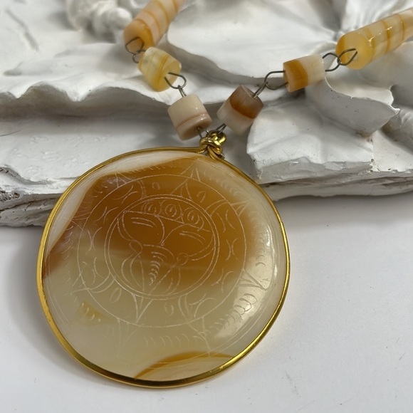 Aztec Sun Pendant Necklace- Alabaster Medallion - Picture 6 of 9